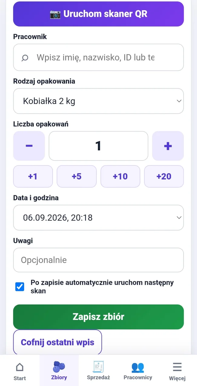Mobilna rejestracja zbiorów i skanowanie kodu QR w FarmManagerPro