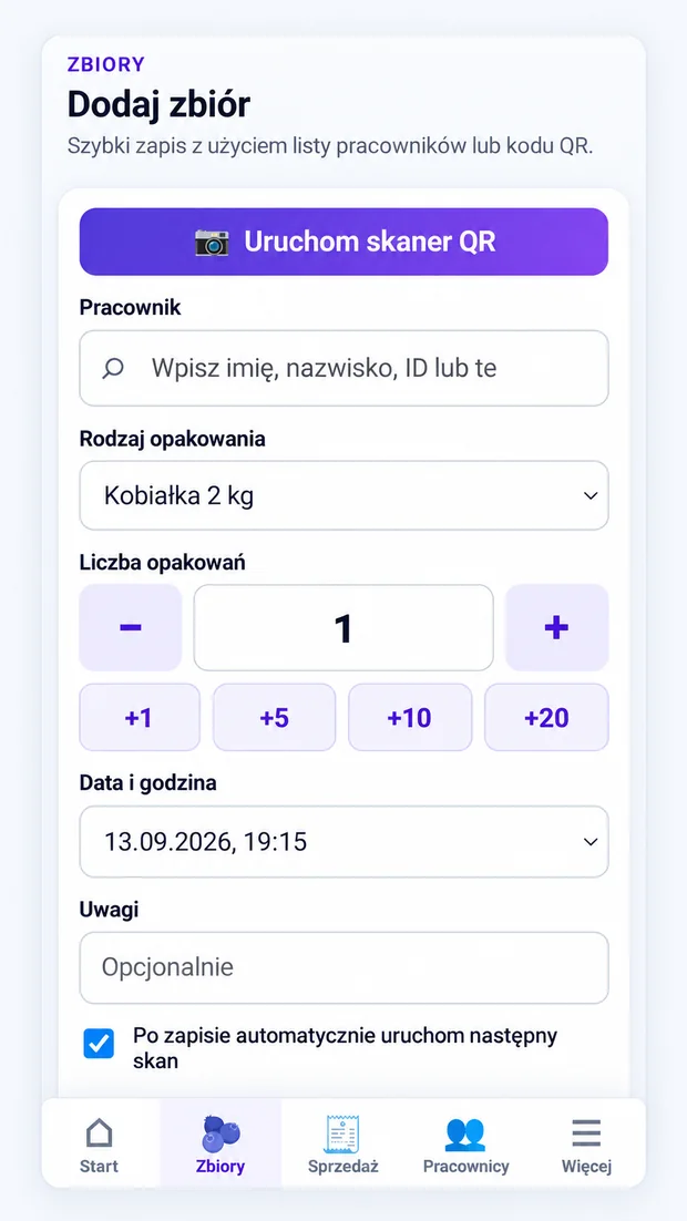 Rzeczywisty mobilny ekran FarmManagerPro do rejestracji zbioru na telefonie